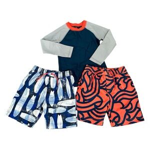 Tea Collection Boys' Navy Rash Guard with Coral Trim & Printed Swim Trunks